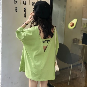 Harajuku Back hollow creative women t shirt summer new letter printing tshirt female korean casual free soft vrhovima duge majice