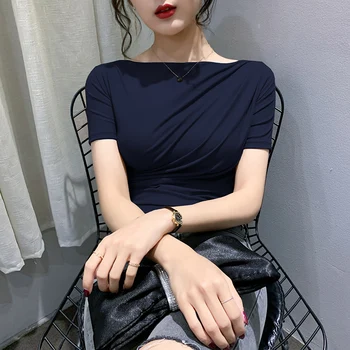 Godišnja Ženska T-Shirt Kratki Rukav Slash Neck Svakodnevni Korejski Vintage Seksi Tanka Monotono Pamučnim Femme Majice Harajuku Clothing