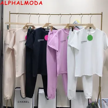 ALPHALMODA 2021 Spring Short-sleeved Letter Tshirt + Trkač Pants Women 2pcs Fashion Suit