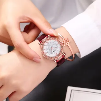 2021 satovi za žene moda Magnet buckle Dijamant kvarcni sat dame svakodnevni rešetka od nehrđajućeg čelika remen sat Zegarek Damski