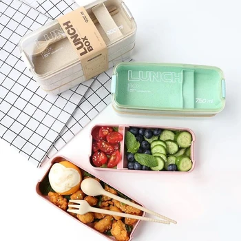 900 ml prijenosni zdrav materijal ručak kutija 3 sloja pšenične slame Bento kutija mikrovalna posuđe posuda za skladištenje hrane Foodbox