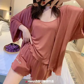 Ženska пижама 4-dijelni set slobodan kardigan tregeri top gaćice seksi pamučna pidžama kit
