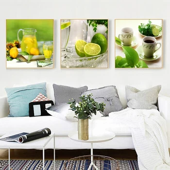 Zeleno Voće Limun Limeta Kava Cvijet-Modularni Slika Na Platnu Slikarstvo Grafika Plakat Kuhinja Zid Umjetnost Blagovaonica Kućni Dekor