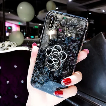 Za iPhone 11 Pro XS Max XR X 8 7 6 6S Plus Crystal Conch Shell Soft Case Cover With Diamond Camellia Flower Ring Finger Grip