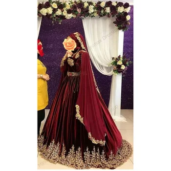 Tamnocrvena Velur Zlato Oblog Muslimanske Vjenčanice Elegantan Dugi Rukav Marokanski Kaftan Arapski Islamski Večernjim Vjenčanica