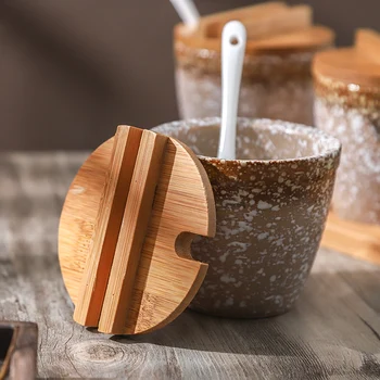 Keramičke banke za začina od bambusa poklopcem i žlicom kreativni japanski osnovna kutija začina hotelski restoran sol, čili lonac