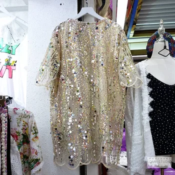 Cakucool dijamanti šljokicama biseri izvlačenja majica kratkih rukava o vrat mreže sjajni Mike slobodan korejski šik ženska odjeća ljeto