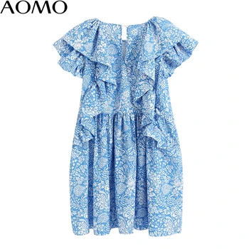 AOMO 2020 ljetna moda žene plava cvjetni print ukrašen mini haljinu kratkih rukava dame vintage kratke haljine vestidos 3H257A
