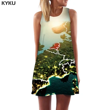 Kiku brand karta svijeta haljina žene Španjolska Boho planine 3d ispis Mjesec plaža Harajuku kratke Ženska odjeća kićanka tunika bez rukava