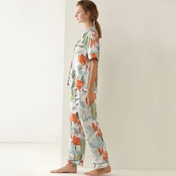 Kratkih rukava svila saten lišće tiskanih pidžame za žene godišnja kućna odjeća odjeća za spavanje pidžama pidžama plus veličine S-XL pidžama skup