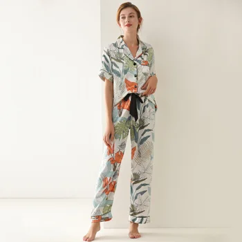 Kratkih rukava svila saten lišće tiskanih pidžame za žene godišnja kućna odjeća odjeća za spavanje pidžama pidžama plus veličine S-XL pidžama skup