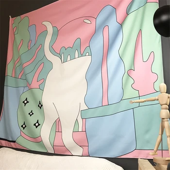 Skandinavski девчачий tapiserija pink apstraktna umjetnost mačka u vrtu mandalu zidovi spavaonica uzglavlje kreveta Boho dekor zid visi deka 150*130 cm