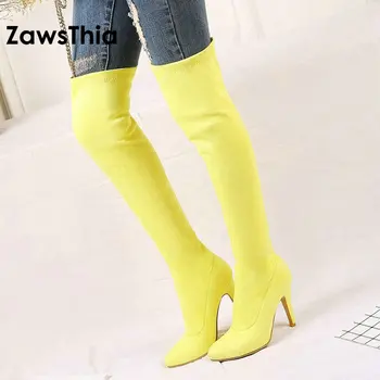 ZawsThia 2020 winter colorful yellow purple, pink thin high heel woman shoes over the u koljena visoke čizme women overknee čizme 33-45