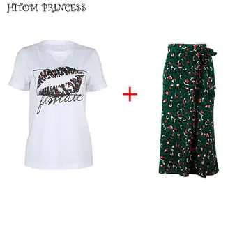 HITOM PRINCESS Leopard High Waist suknje žene 2 kom. Komplet usne tiskanje majica i duga suknja kompleti od dva dijela odjeće vanjska odjeća