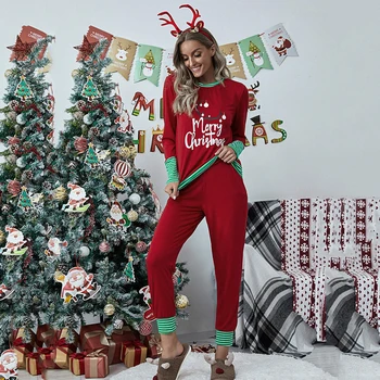 2021 Božić Pidžama Xmax Od Dva Dijela Setovi Žene Ogroman Pamučna Pidžama Božić Tiskanih Pun Rukav E-Djevojke Zima Moderan Odjeća