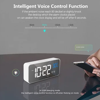 LED Mirror Alarm Clock Sound-Activated Clock višenamjenski punjive noćni glazbeni sat dvostruke alarmni satovi sa funkcijom ponavljanja