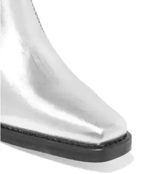 Žene čizme za proljeće, jesen moda Silver kvadratnom čarapa kvadratnom petu čizme ručni rad osnovne svakodnevni žena čizme velike veličine 35-45