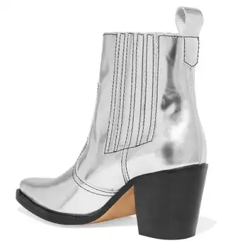 Žene čizme za proljeće, jesen moda Silver kvadratnom čarapa kvadratnom petu čizme ručni rad osnovne svakodnevni žena čizme velike veličine 35-45