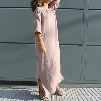 ZANZEA 2021 moda čvrste maxi haljina ženski godišnji сарафан uzročno Pola vrećice tunica Vestidos ženski V vrat ogrtač ogroman 5XL