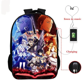 16 inča anime naprtnjače Crna djetelina dječaci djevojčice školske torbe za tinejdžer ruksak unisex putovanja Bookbag Mochila USB punjenje