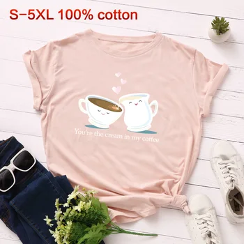 Plus Size pamuk žene majice S-5XL slatka kava crtani ljubav štampanih majica kratki rukav O izrez ženski top tees harajuku