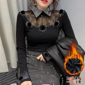 Korejski Seksi odjeća šarenilo čipka dijamanti majica za žene 2019 jesen zima s флисом nokte loptu vrhovima Ropa Mujer tees T9N907