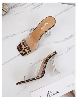 Ženske sandale леопардовый print visoke štikle kvadratnom čarapa prozirna klizna papuča