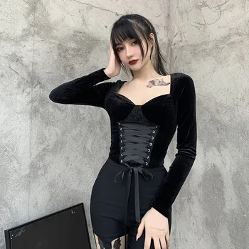 Helisopus New Vintage Black Lace T Shirt Long Sleeve Velvet Gothic Harajuku Tops Women Sexy Bandage Basic Slim Tops Vanjska Odjeća