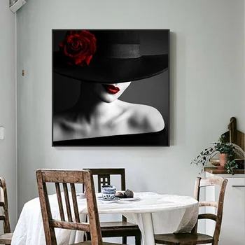 Seksi crnu suknju Guba Crvena Ruža platnu Slikarstvo prsata Dama Nordic uređenje doma umjetnosti plakati zidni paneli za dnevni boravak