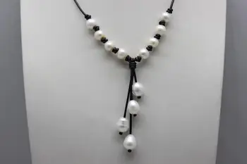 Ručni rad 14grain perla bijela slatkovodni biseri i crne kožne ogrlice 8 mm-9x12 mm 18 cm