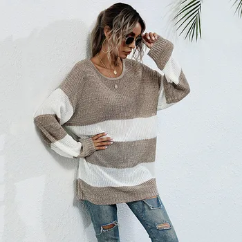 Džemper dugih rukava džemper žene jesen/zima slobodan okrugli izrez prugasta usklađivanje boja odjeća 2020 novi pulover casual top