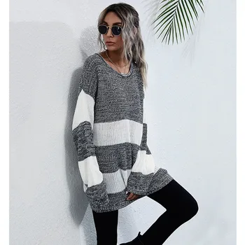Džemper dugih rukava džemper žene jesen/zima slobodan okrugli izrez prugasta usklađivanje boja odjeća 2020 novi pulover casual top