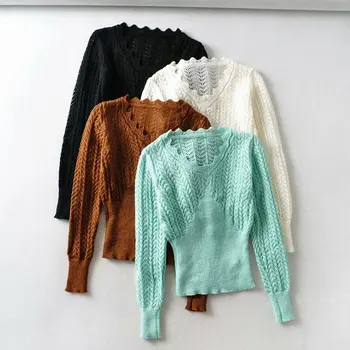 Ženski džemper, pulover povremeno čvrste dugi rukav V-neck, valoviti rub dres korejski ženski jesen Za crni plesti šik vrhovima kardigan