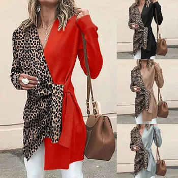 Vintage ženska moda V-neck, dugi rukav леопардовым po cijeloj površini kontrastne boje, šarenilo čipka-Up Office Ladies Jacket Outwear#35