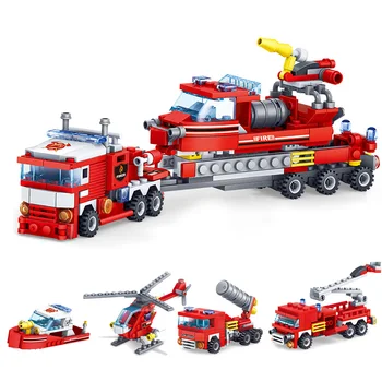 HUIQIBAO 4 in 1 City Firefighting Building Blocks DIY vatrogasna helikoptera brod gradski vatrogasac cigle igračke za djecu
