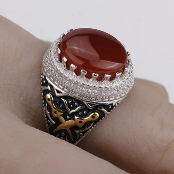 Muški prsten ovom srebro 925 sterling crveni ahat je kamen sa dvostrukim mačem Clear CZ Aqeeq prsten za muškarce turski nakit