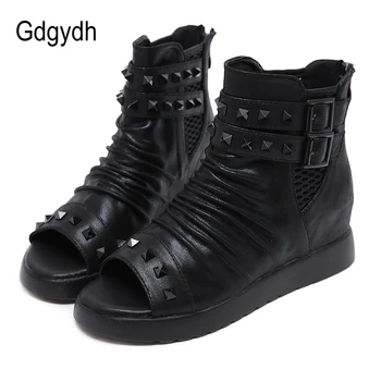Gdgydh 2020 proljeće ljeto Ženske čizme s otvorenim vrhom zakovice Ženske čizme klinovi visoke pete Ženske cipele nabora meke PU cipele crna