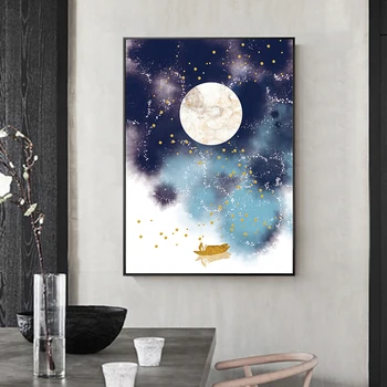 Noćni pogled na jezero Mjesec brod i škola Ribe zidni plakat novi kineski stil krajolik apstraktne platnu ispis slikarstvo umjetnost Pictu