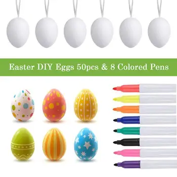 50 kom. plastične bijele uskrsna jaja ukrasna jaja sa užetom za vješanje uskrs DIY slikarstvo jaja sa 8 boja ručke jaja ukras