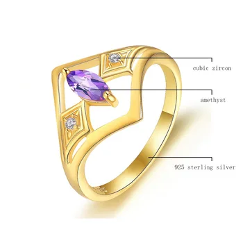 Hutang Natural Gemstone Amethyst Yellow Gold Silver Ring Solid 925 Sterling African Fine Fashion Stone Jewelry For Women ' s Gift