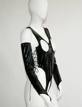 Moda crne žene seksualno kožni bodi donje rublje PVC плюшевое posteljina S-XL W7019