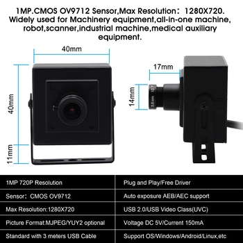 1.0 megapiksela 720p Hd Cmos Ov9712 Mini CCTV Security Webcam, USB Camera Android Linux Windows za PC, prijenosno računalo