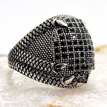 Mikro crna Cirkon je kamen Pandža model muška srebro prsten Modni nakit ( Onyx vintage Aqeq Poklon All Size) - Učinjeno u Turskoj