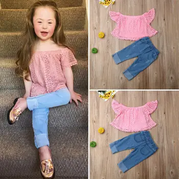 Novorođenče moda čvrste ružičaste majice odjeću-skup dijete djevojka dijete s ramena čipke majice i traperice Jean odijelo 2 kom. djeca