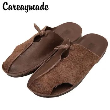 Careaymade-nova krava SuedeCover cool polu-Baotou šuplje prozračna sandale ženska gradijent prave kože ravne cipele,3 boje