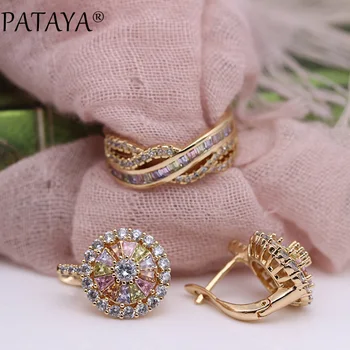 PATAYA New 585 Rose Gold Colorful Square Round Natural Zircon lutaju naušnice, prstenje setovi žena luksuzni fin svadbeni nakit skup
