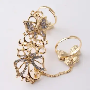 Moda novi prsten 1pc gorski kristal cvijet i leptir cijeli prst prsten zlato Chian link double prsten дропшиппинг Nov8