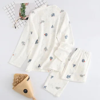 Japanski Novi stil dame pamuk dvostruka gaza pidžama skup crtani kaktus slatka hlače s dugim rukavima od dva dijela kuće službu za žene