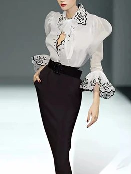 Design nova visokokvalitetna Jesenski bijeli vez od organza košulja расклешенными rukava, crna, tanka Полуюбка modni svakodnevne ženske setove