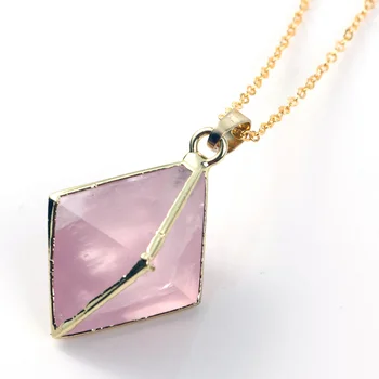 Trendy-perle, svijetlo žuto zlatnu boju prirodni ružičasti kvarc geometrijski piramida privjesak nakit ogrlica